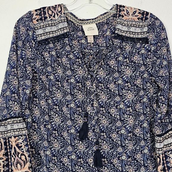 Knox Rose Boho Tunic Chiffon Blue Floral Tie Front Sz S Boho Cottagecore Country - Picture 3 of 10